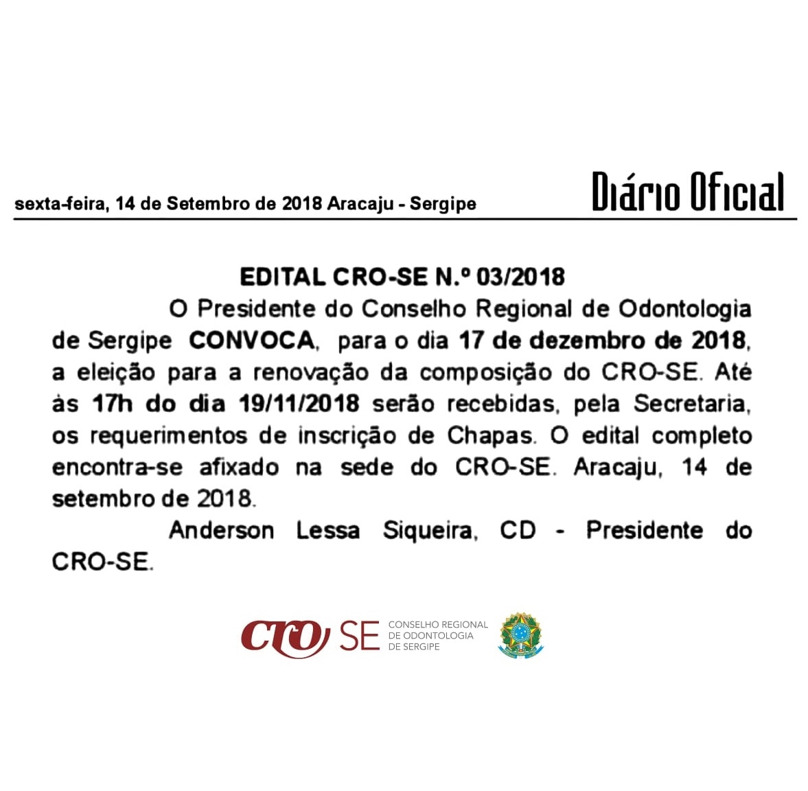 CRO-SE publica Edital de Convocação para eleição de diretoria para o biênio 2019-2021
