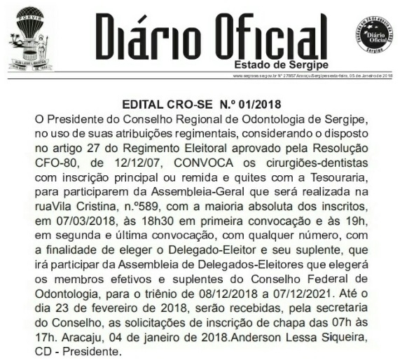CRO-SE convoca para Assembleia Geral que definirá Delegado-Eleitor para representar Sergipe