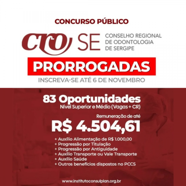 CRO-SE prorroga inscrições para o Concurso Público até 06 de novembro