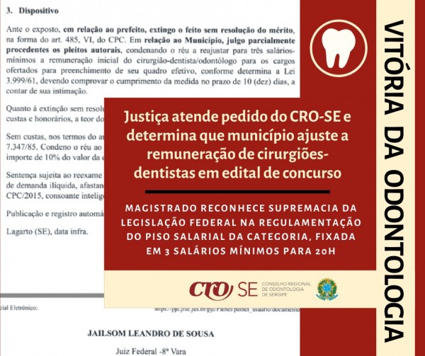 TOBIAS BARRETO | Justiça atende pedido do CRO-SE e determina que município ajuste a remuneração de cirurgiões-dentistas em edital de concurso
