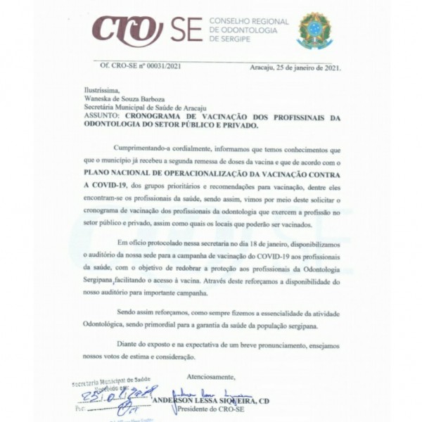 CRO-SE volta a oficiar municípios sobre vacinação de profissionais da Odontologia