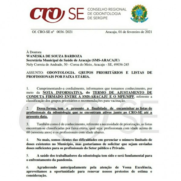 #VACINAODONTO | CRO-SE envia lista de profissionais em novo ofício à SMS Aracaju