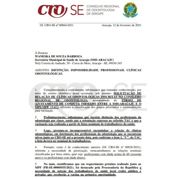CRO-SE responde SMS defendendo vacinação através de lista NOMINAL dos profissionais da Odontologia de Aracaju