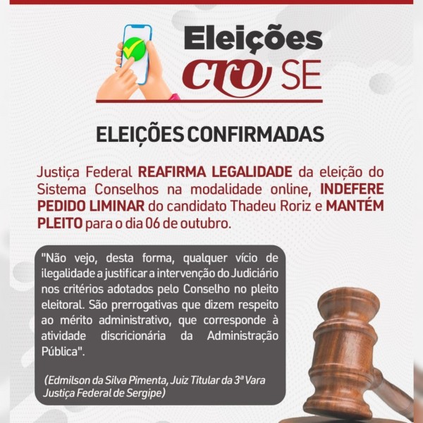 Justiça Federal reafirma legalidade da eleição do Sistema Conselhos na modalidade online e mantém pleito para dia 06.10